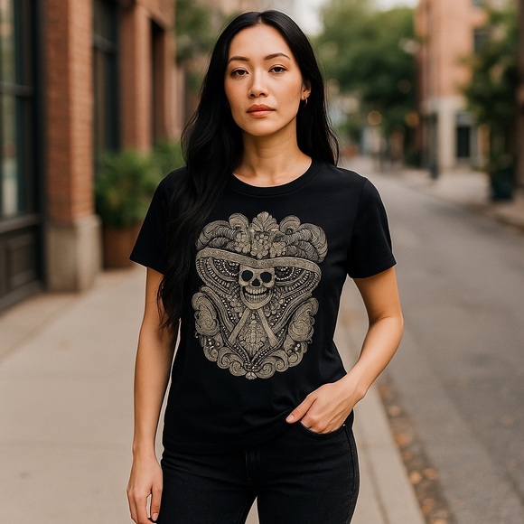 Black Rhinestone Day of the Dead Skeleton T-Shirt – Women’s Size Medium - Picture 1 of 16